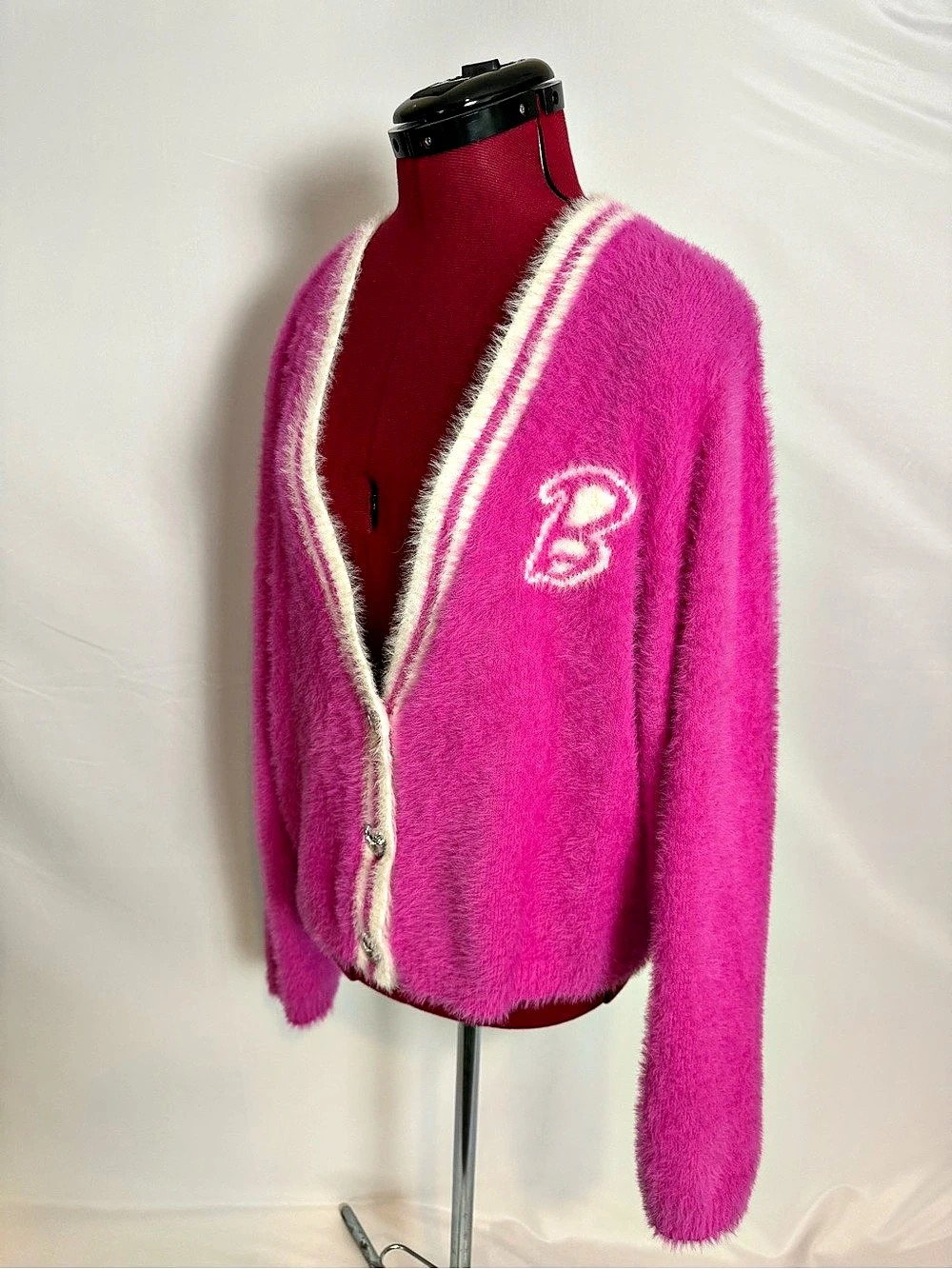 Barbie Cardigan Women's Size XL Pink & White Fuzzy 3-Button Long Sleeves - Picture 10 of 12